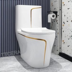 Bồn Cầu 1 Khối Trắng Viền Kẻ Vàng BC025Y