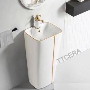 Lavabo Sứ Trụ Đứng Liền Khối Trắng Viền Vàng Schmidt LBT06