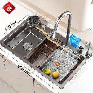 Combo Chậu Và Vòi Rửa Chén Đơn Thác Nước Có Hiển Thị Nhiệt Độ Nano Xám Schmidt HLCRNN723-9046